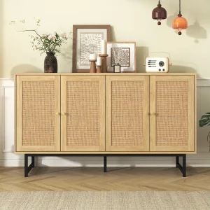 Dressoir met 4 rotandeuren – 140 x 39,5 x 80 cm – Spaanplaat – Houtkleur Dressoir met 4 rotandeuren – 140 x 39,5 x 80 cm – Spaanplaat – Houtkleur