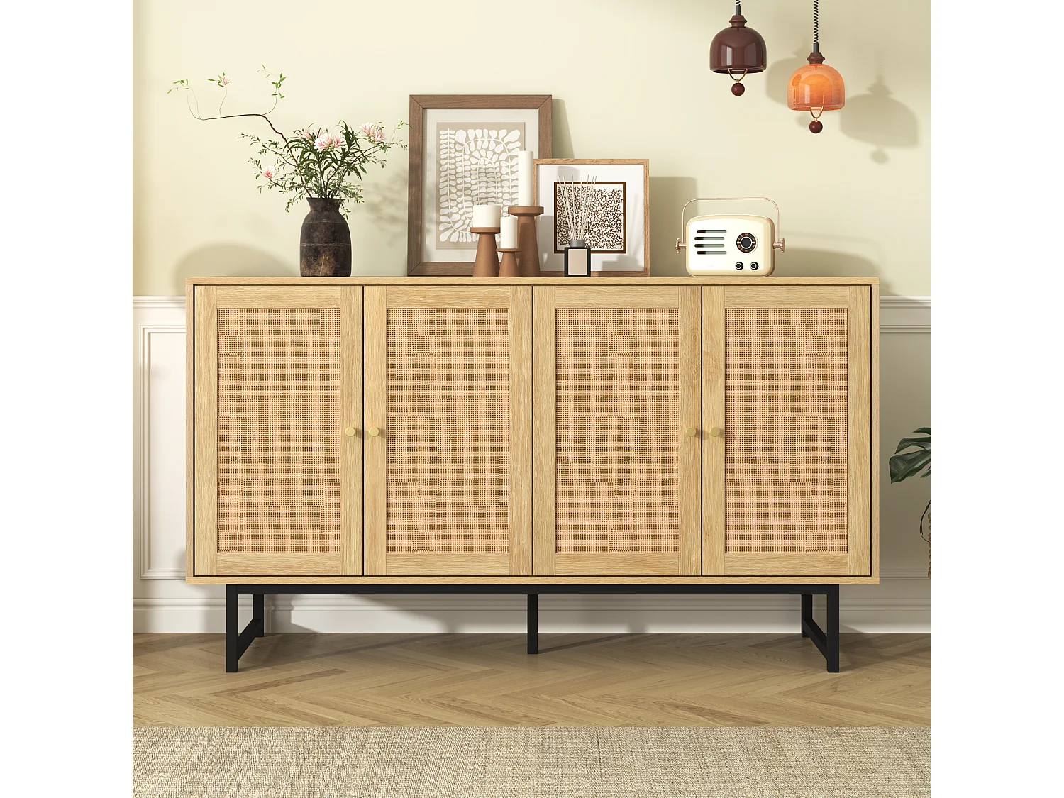 Dressoir met 4 rotandeuren - 140 x 39,5 x 80 cm - Spaanplaat - Houtkleur
