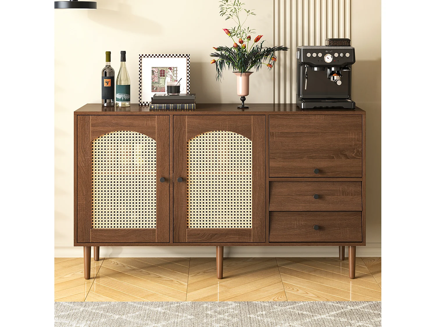 Dressoir met 2 lades en 2 deuren in rotan - 130 x 75,5 x 40 cm - Verstelbare planken - Spaanplaat - Houtkleur