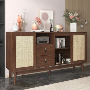Dressoir met 2 laden en 3 schuifdeuren in rotan – 155 x 38 x 80 cm – MDF, Spaanplaat – Bruin Dressoir met 2 laden en 3 schuifdeuren in rotan – 155 x 38 x 80 cm – MDF, Spaanplaat – Bruin