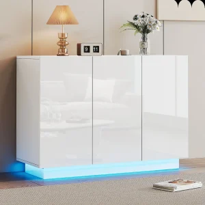 Dressoir met 3 deuren – 120 x 40 x 75 cm – LED's – Spaanplaat – Glanzend wit Dressoir met 3 deuren – 120 x 40 x 75 cm – LED's – Spaanplaat – Glanzend wit