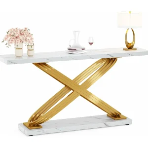 Entreeconsoletafel, 140 x 33 x 80 cm, moderne consoletafel, entreetafel met geometrische metalen poten, wit en goud Entreeconsoletafel, 140 x 33 x 80 cm, moderne consoletafel, entreetafel met geometrische metalen poten, wit en goud