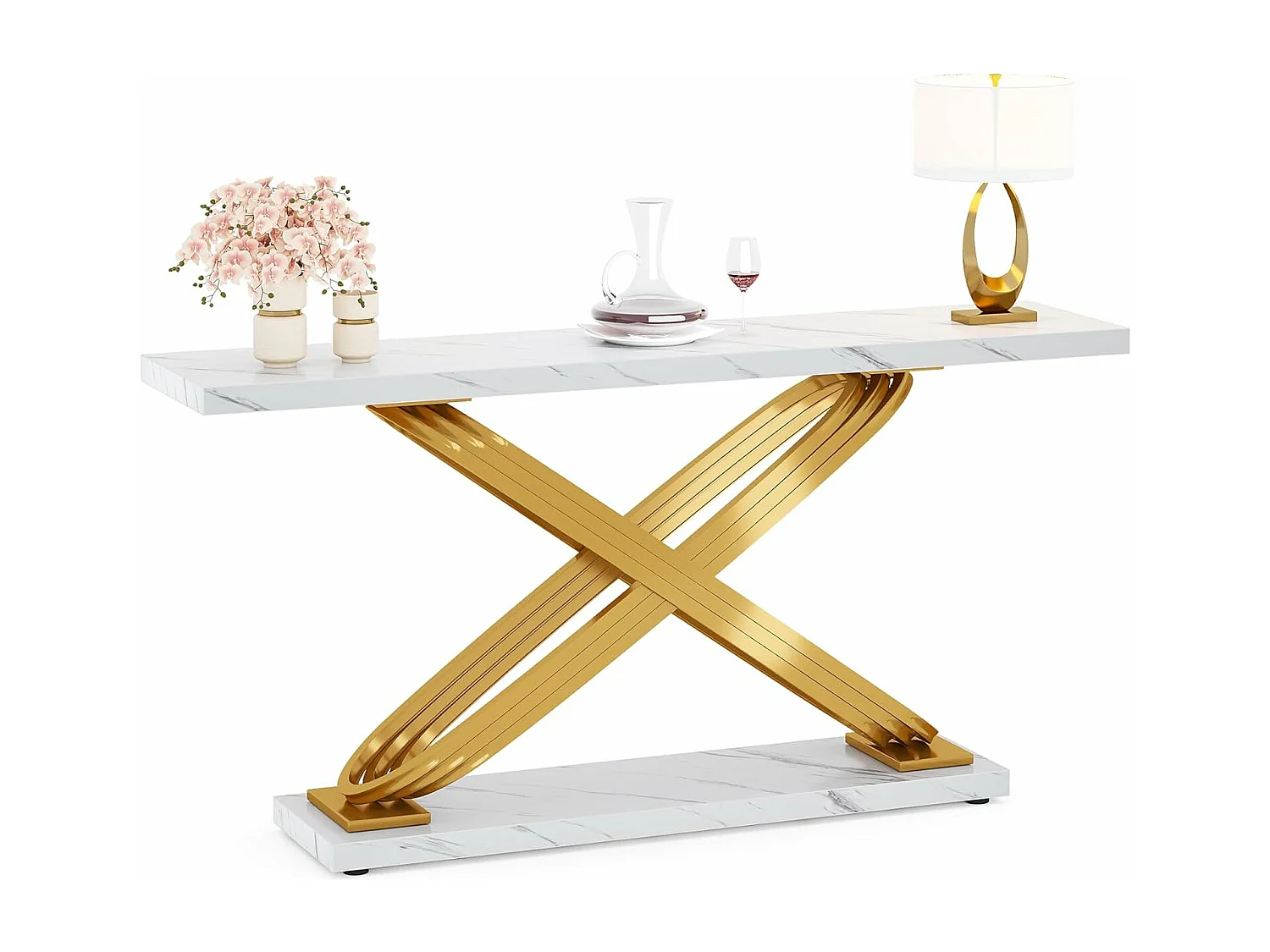 Entreeconsoletafel, 140 x 33 x 80 cm, moderne consoletafel, entreetafel met geometrische metalen poten, wit en goud