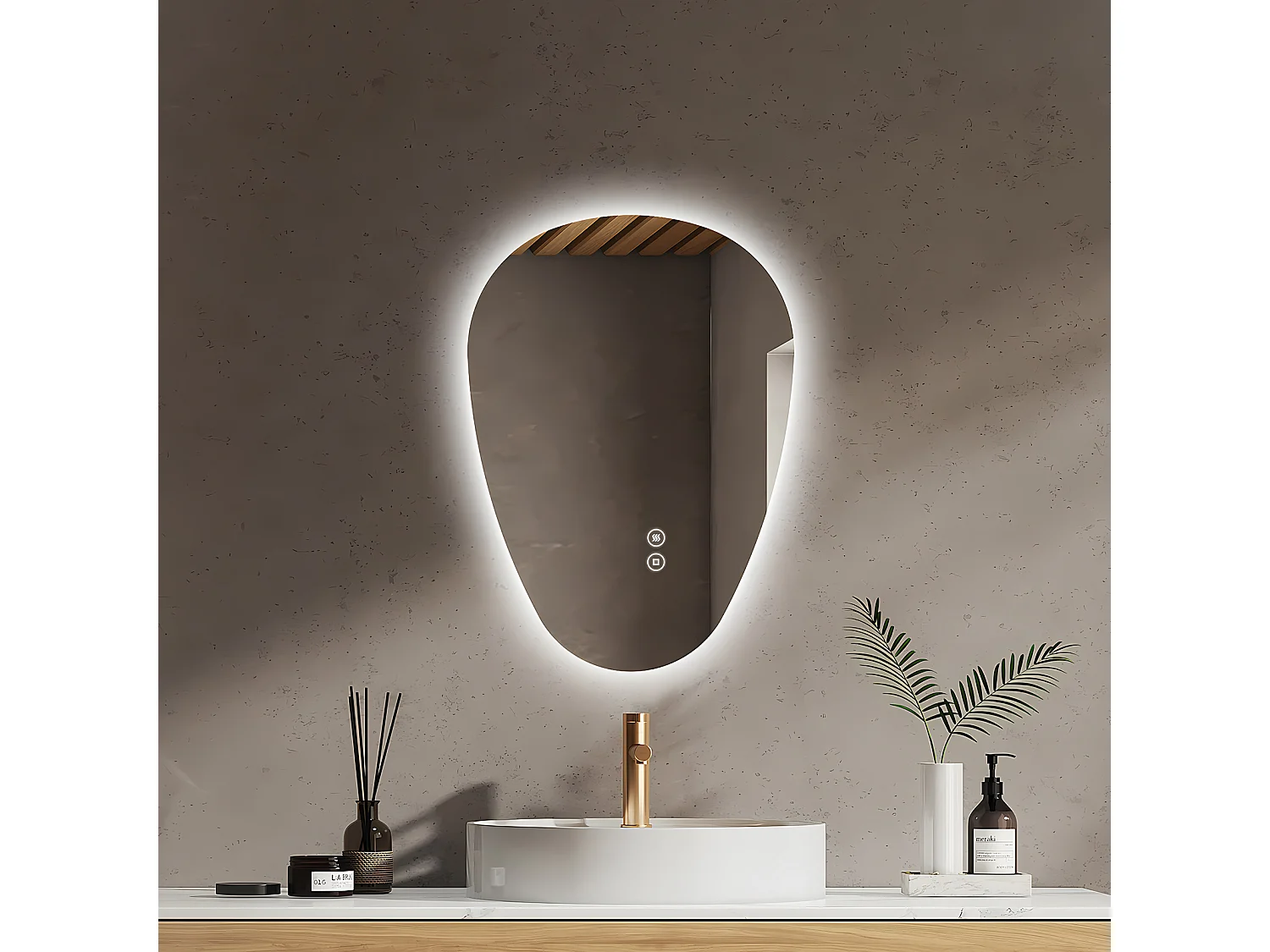 EMKE Badkamerspiegel met LED Verlichting, 60 x 45 cm, Asymmetrische Spiegel, Touch Schakelaar, 3 Kleurtemperaturen Instelbaar, Anti-condens