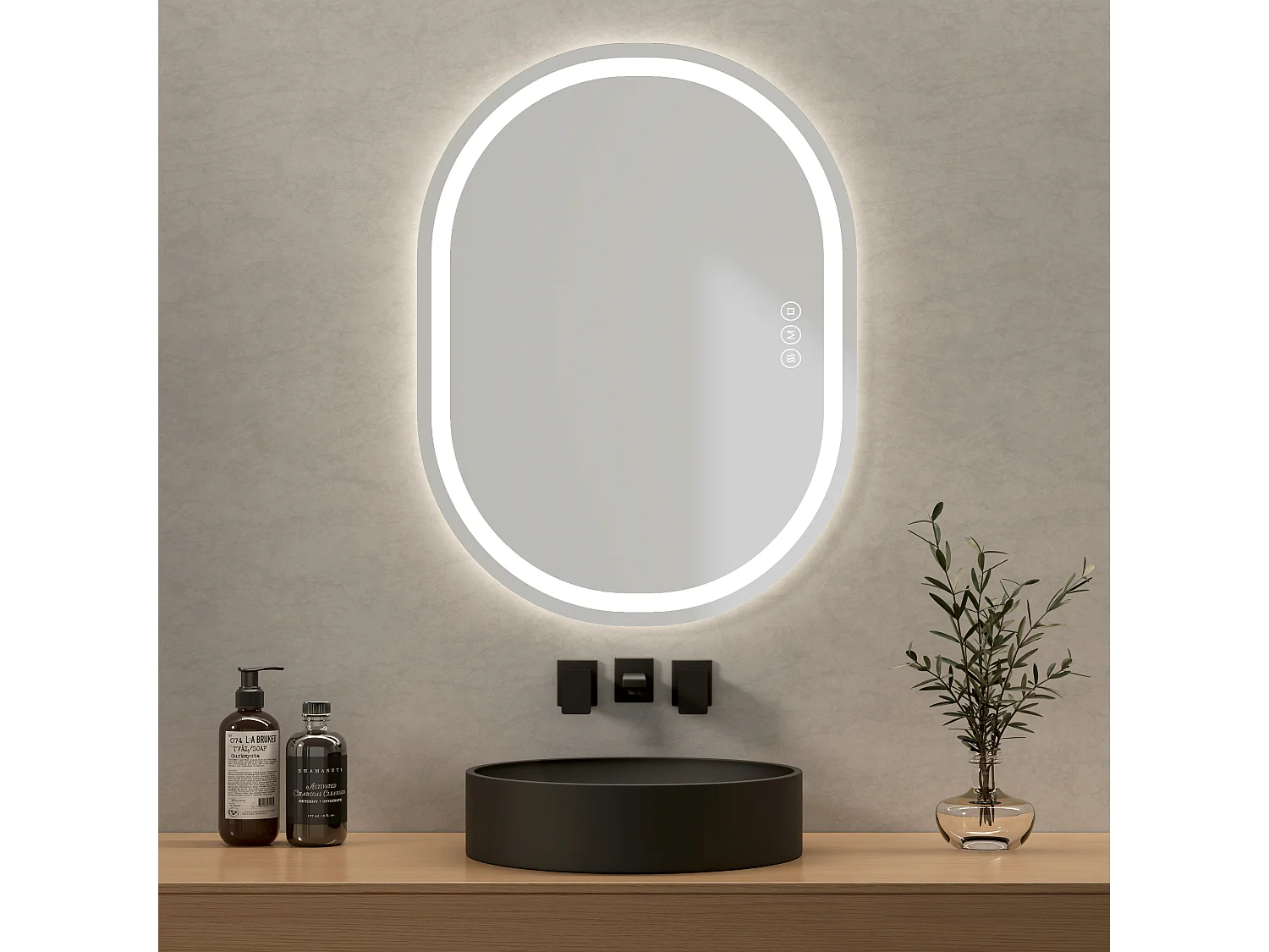 EMKE Ovale Badkamerspiegel 80x60 cm met LED Verlichting, Touchschakelaar, Anti-condens, Koud/Warm/Neutraal Licht