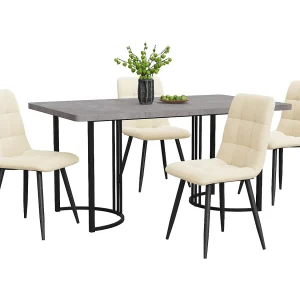 Eettafel met 4 fluwelen ergonomische stoelen – grijs marmeren effect – MDF en metalen frame – verstelbare voettafel – 140x80x75cm