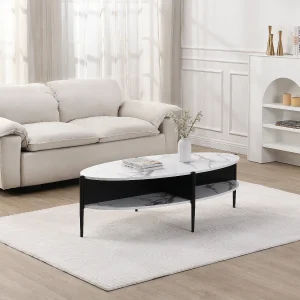 Ovale salontafel met 4 nissen van mdf en metaal – Wit marmereffect en zwart – EVARO Ovale salontafel met 4 nissen van mdf en metaal – Wit marmereffect en zwart – EVARO