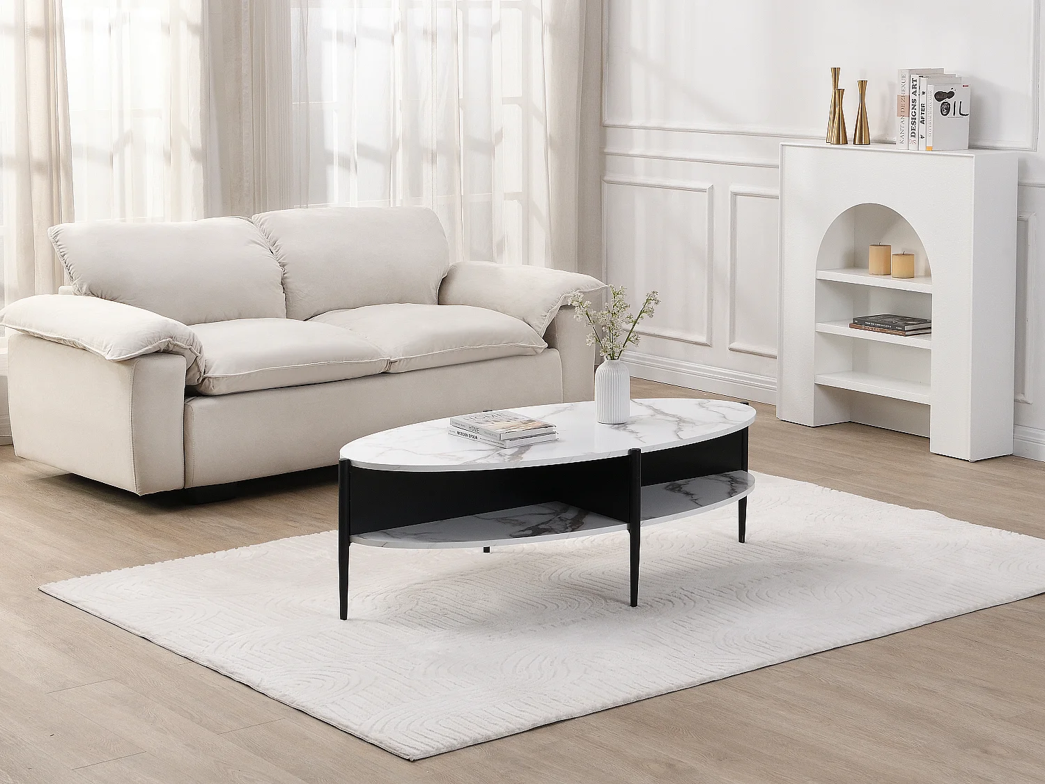 Ovale salontafel met 4 nissen van mdf en metaal - Wit marmereffect en zwart - EVARO