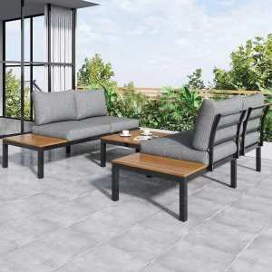 Gegalvaniseerd stalen tuinmeubels, salontafel en modulaire bank, verstelbare voeten, grijze kussens Gegalvaniseerd stalen tuinmeubels, salontafel en modulaire bank, verstelbare voeten, grijze kussens