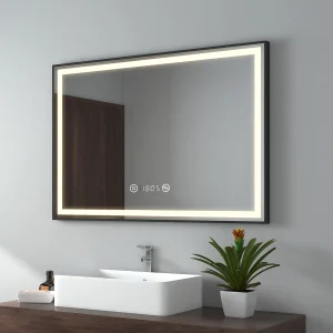 EMKE LED Badkamerspiegel 100×70 cm, Zwart Frame, Spiegel met Verlichting, Touchschakelaar, Anti-condens, Klok en Temperatuur, Neutraal Licht EMKE LED Badkamerspiegel 100×70 cm, Zwart Frame, Spiegel met Verlichting, Touchschakelaar, Anti-condens, Klok en Temperatuur, Neutraal Licht