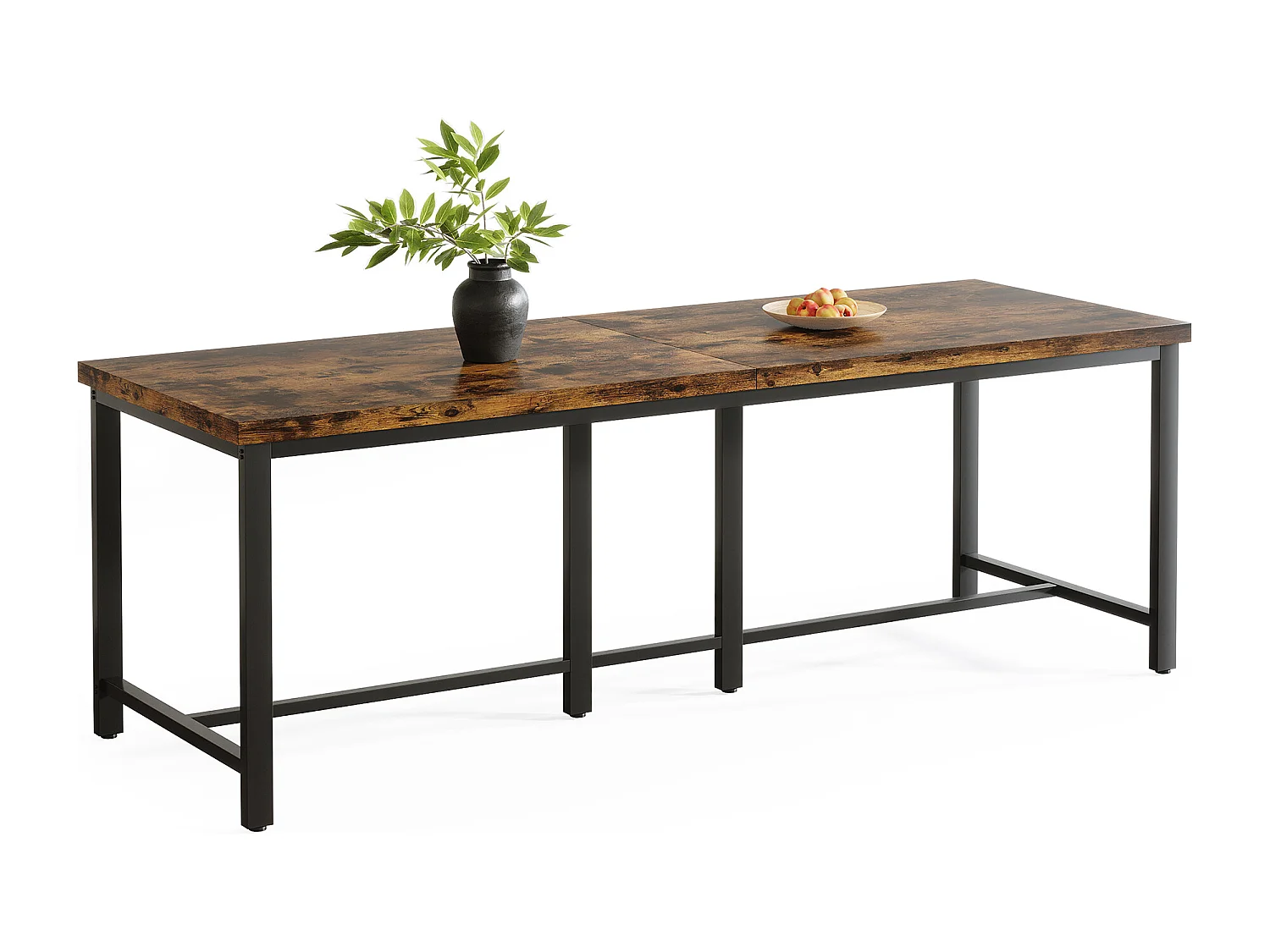 Eettafel van 200 cm lang voor 6-8 personen, grote rechthoekige industriële houten keukentafel, rustiek bruin