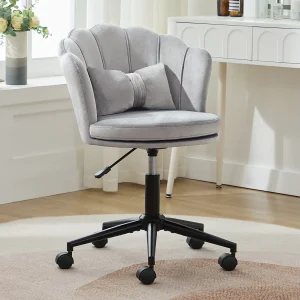 Draaifauteuil met verstelbare hoogte – Bladvormige rugleuning – 55 x 42 x 73-83 cm – Fluweel – Grijs Draaifauteuil met verstelbare hoogte – Bladvormige rugleuning – 55 x 42 x 73-83 cm – Fluweel – Grijs