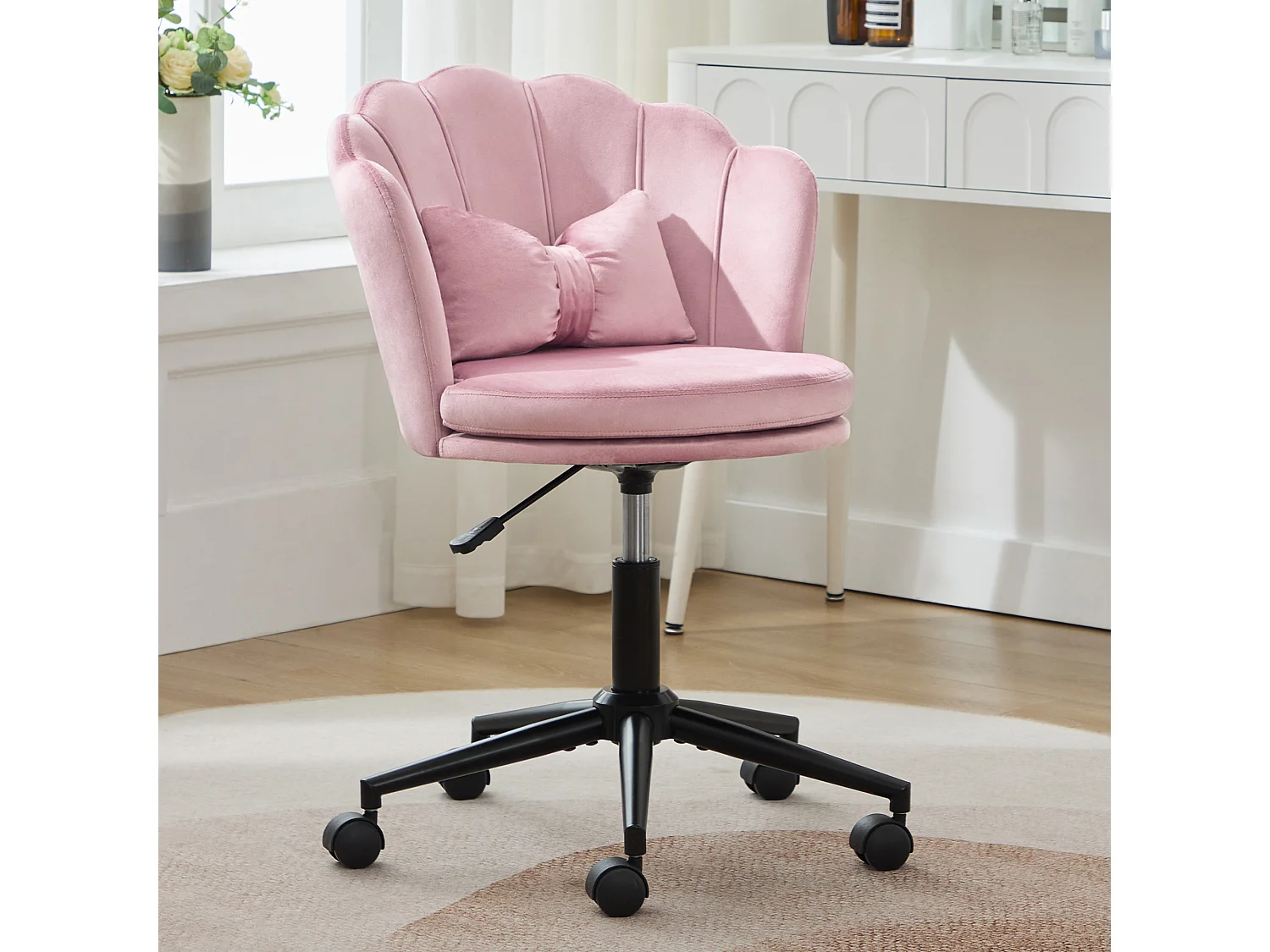 Draaifauteuil met verstelbare hoogte - Bladvormige rugleuning - 55 x 42 x 73-83 cm - Fluweel - Roze