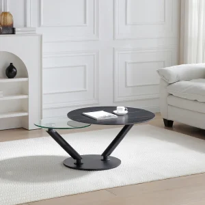 Salontafel met draaiende bladen in keramiek en gehard glas – Zwarte marmerlook – ELDOVA Salontafel met draaiende bladen in keramiek en gehard glas – Zwarte marmerlook – ELDOVA