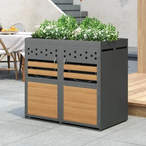 Dubbele vuilnisbakafdekking – 2x240L – deur donker met houtachtig uiterlijk – Vervangbaar – roestvrij staal – met ventilatiegaten – ingebouwde bloempot – grijs
