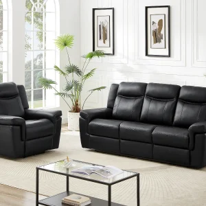 Elektrische driezits relaxbank en -fauteuil van leer KENNETH – Zwart Elektrische driezits relaxbank en -fauteuil van leer KENNETH – Zwart