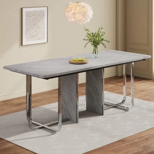 Eettentabel 6 tot 8 personen in MDF en metaal – grijs en zilver – rechthoekige eettafel – 180x80x75cm Eettentabel 6 tot 8 personen in MDF en metaal – grijs en zilver – rechthoekige eettafel – 180x80x75cm