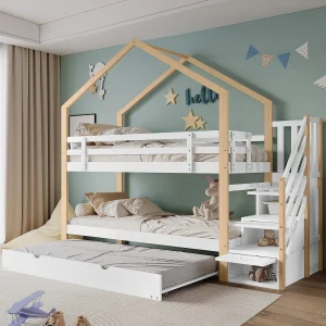 Drievoudige stapelbedden – 2 x 90 x 200 cm – met schuifbeenbed 90 x 190 cm – 3 laden – Wit en natuurlijk