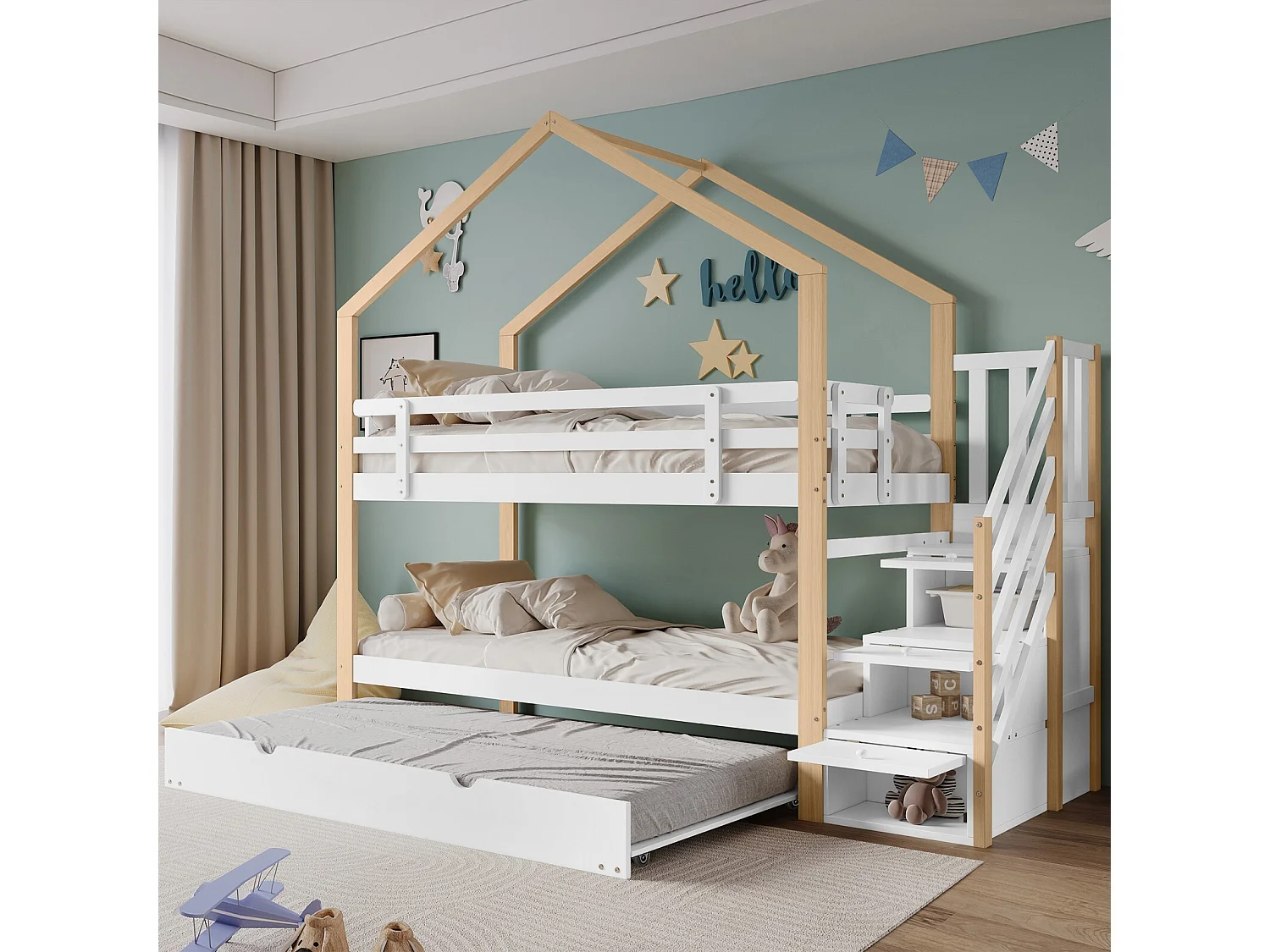 Drievoudige stapelbedden - 2 x 90 x 200 cm - met schuifbeenbed 90 x 190 cm - 3 laden - Wit en natuurlijk