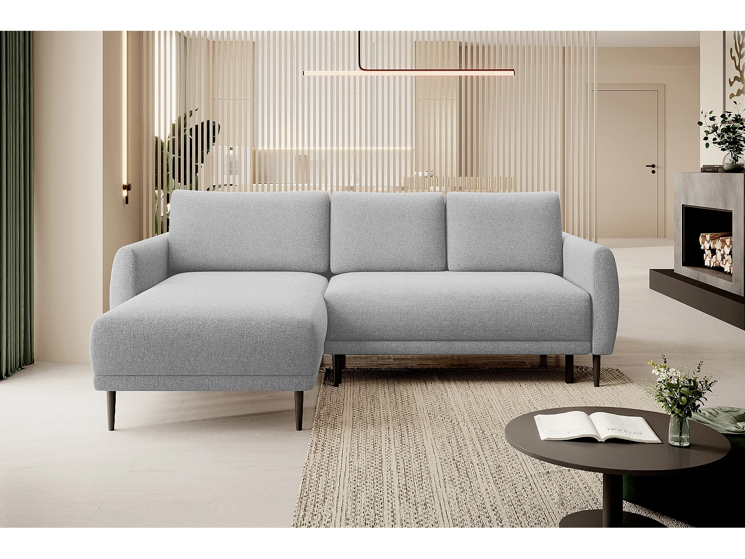 ECKSOFA BONO Sofa met slaapfunctie Stevige houten poten Stijlvolle armleggers Diepe zitting 226x164x88cm Linkerzijde Ash