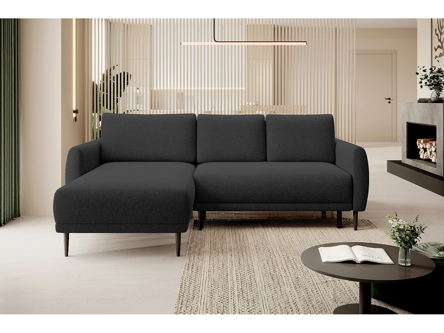ECKSOFA BONO Sofa met slaapfunctie Stevige houten poten Stijlvolle armleggers Diepe zitting 226x164x88cm Linkerzijde Zwart