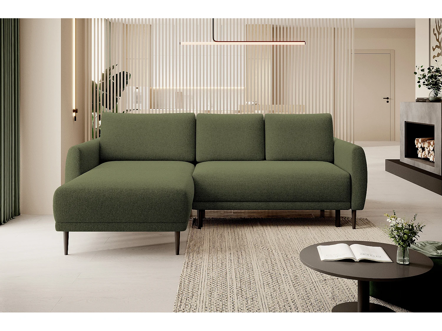 ECKSOFA BONO Sofa met slaapfunctie Stevige houten poten Stijlvolle armleggers Diepe zitting 226x164x88cm Linkerzijde Groen