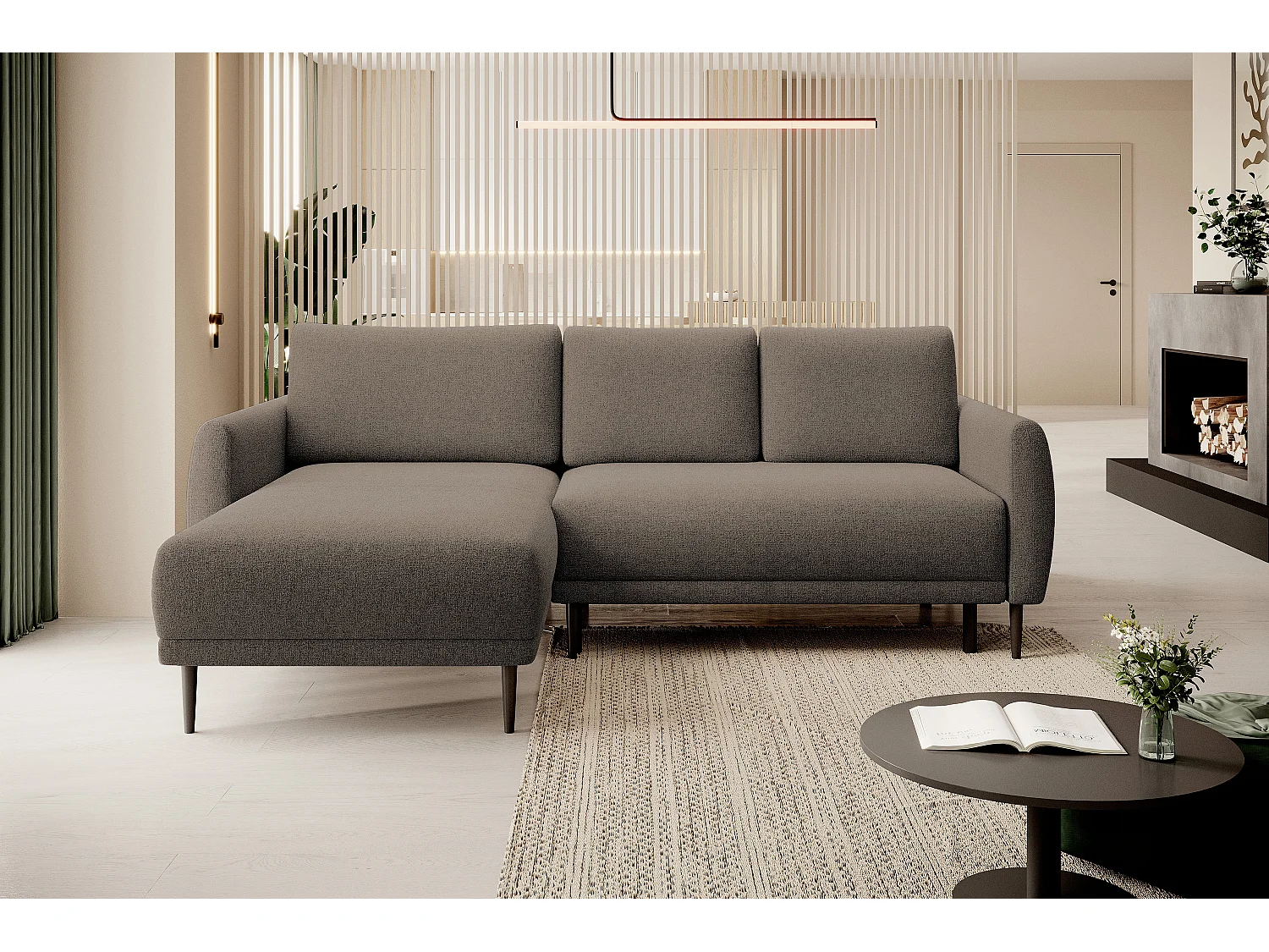 ECKSOFA BONO Sofa met slaapfunctie Stevige houten poten Stijlvolle armleggers Diepe zitting 226x164x88cm Linkerzijde Lichtbruin