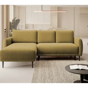 ECKSOFA BONO Sofa met slaapfunctie Stevige houten poten Stijlvolle armleggers Diepe zitting 226x164x88cm Links Platina