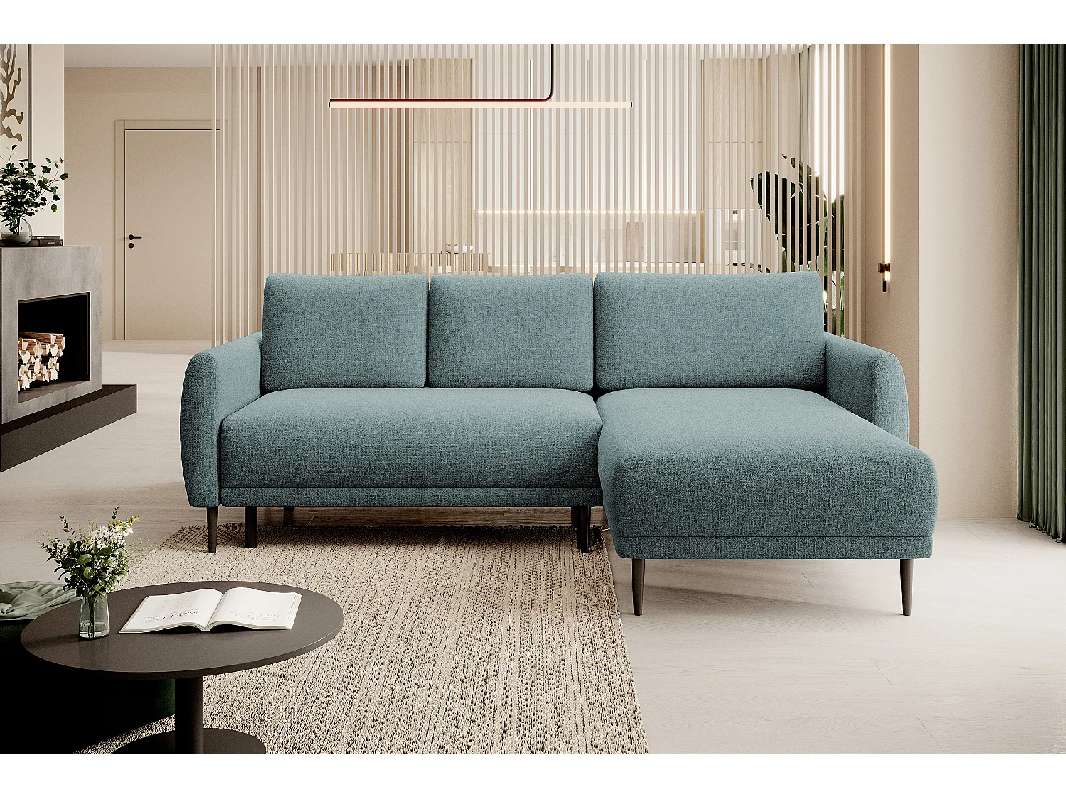 ECKSOFA BONO Sofa met slaapfunctie Stevige houten poten Stijlvolle armleggers Diepe zitting 226x164x88cm Rechterkant lichtblauw