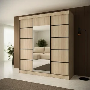 DRAAIDEURKAST Monica 200/215/61 3-deurs eiken sonoma+zwart met spiegel DRAAIDEURKAST Monica 200/215/61 3-deurs eiken sonoma+zwart met spiegel