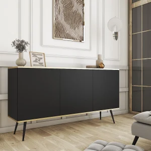 Dressoir ORO K-160 Modern 160 cm Breed Zwart, 2 Deuren, 2 Lades, Push-to-Open, Metalen Poten Zwart 23 cm, Gelamineerd Paneel 16 mm