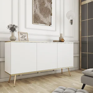 Dressoir ORO K-160 Modern 160 cm Breed Wit, 2 Deuren, 2 Lades, Push-to-Open, Metalen Poten Goud 23 cm, Gelamineerd Paneel 16 mm