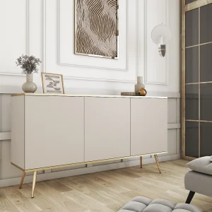 Dressoir ORO K-160 Modern 160 cm Breed Beige, 2 Deuren, 2 Lades, Push-to-Open, Metalen Poten Goud 23 cm, Gelamineerd Paneel 16 mm