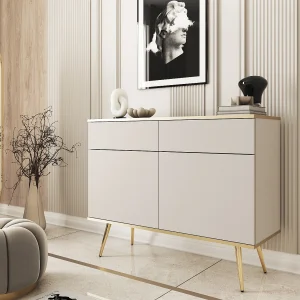 Dressoir KSZ-107 met Laden 107x85x39 cm – Beige Hoogglans Kast met Push-To-Open, Metalen Poten 23 cm, Gelamineerd Paneel 16 mm Krasbestendig Dressoir KSZ-107 met Laden 107x85x39 cm – Beige Hoogglans Kast met Push-To-Open, Metalen Poten 23 cm, Gelamineerd Paneel 16 mm Krasbestendig