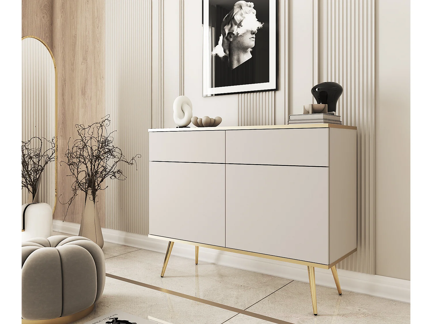 Dressoir KSZ-107 met Laden 107x85x39 cm – Beige Hoogglans Kast met Push-To-Open, Metalen Poten 23 cm, Gelamineerd Paneel 16 mm Krasbestendig