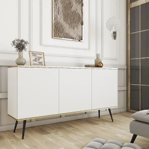 Dressoir ORO K-160 Modern 160 cm Breed Wit, 2 Deuren, 2 Lades, Push-to-Open, Metalen Poten Zwart 23 cm, Gelamineerd Paneel 16 mm