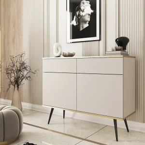 Dressoir KSZ-107 met Laden 107x85x39 cm – Beige Hoogglans Kast met Push-To-Open, Metalen Poten 23 cm, Gelamineerd Paneel 16 mm Krasbestendig Dressoir KSZ-107 met Laden 107x85x39 cm – Beige Hoogglans Kast met Push-To-Open, Metalen Poten 23 cm, Gelamineerd Paneel 16 mm Krasbestendig