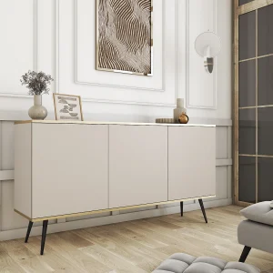 Dressoir ORO K-160 Modern 160 cm Breed Beige, 2 Deuren, 2 Lades, Push-to-Open, Metalen Poten Zwart 23 cm, Gelamineerd Paneel 16 mm