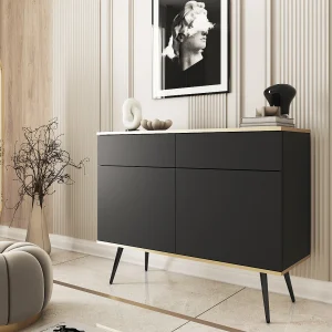 Dressoir KSZ-107 met Laden 107x85x39 cm – Zwart Hoogglans Kast met Push-To-Open, Metalen Poten 23 cm, Gelamineerd Paneel 16 mm Krasbestendig Dressoir KSZ-107 met Laden 107x85x39 cm – Zwart Hoogglans Kast met Push-To-Open, Metalen Poten 23 cm, Gelamineerd Paneel 16 mm Krasbestendig