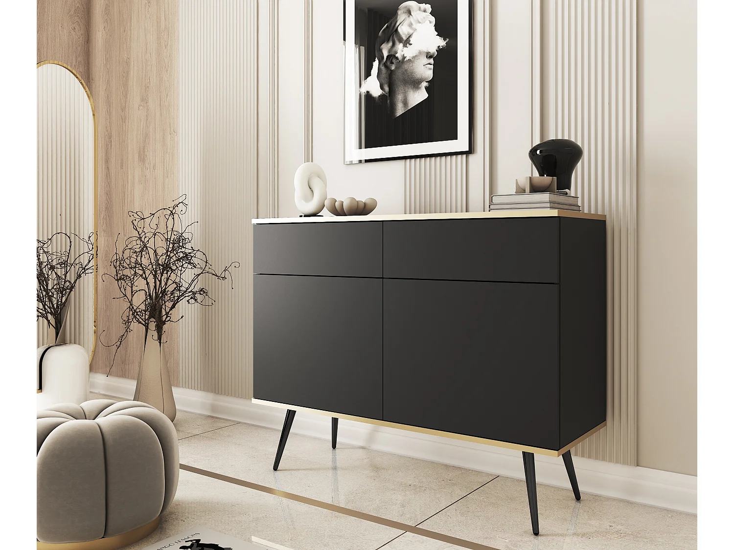 Dressoir KSZ-107 met Laden 107x85x39 cm – Zwart Hoogglans Kast met Push-To-Open, Metalen Poten 23 cm, Gelamineerd Paneel 16 mm Krasbestendig