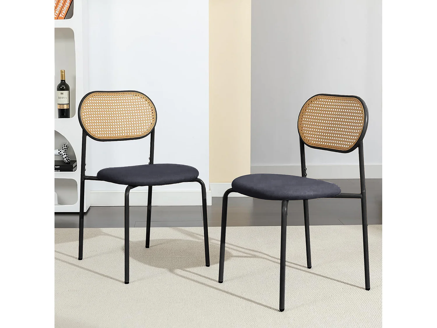 Eetkamerstoelenset van 2 stuks, rotan eetkamerstoel, decoratieve eetkamerstoel, zwart