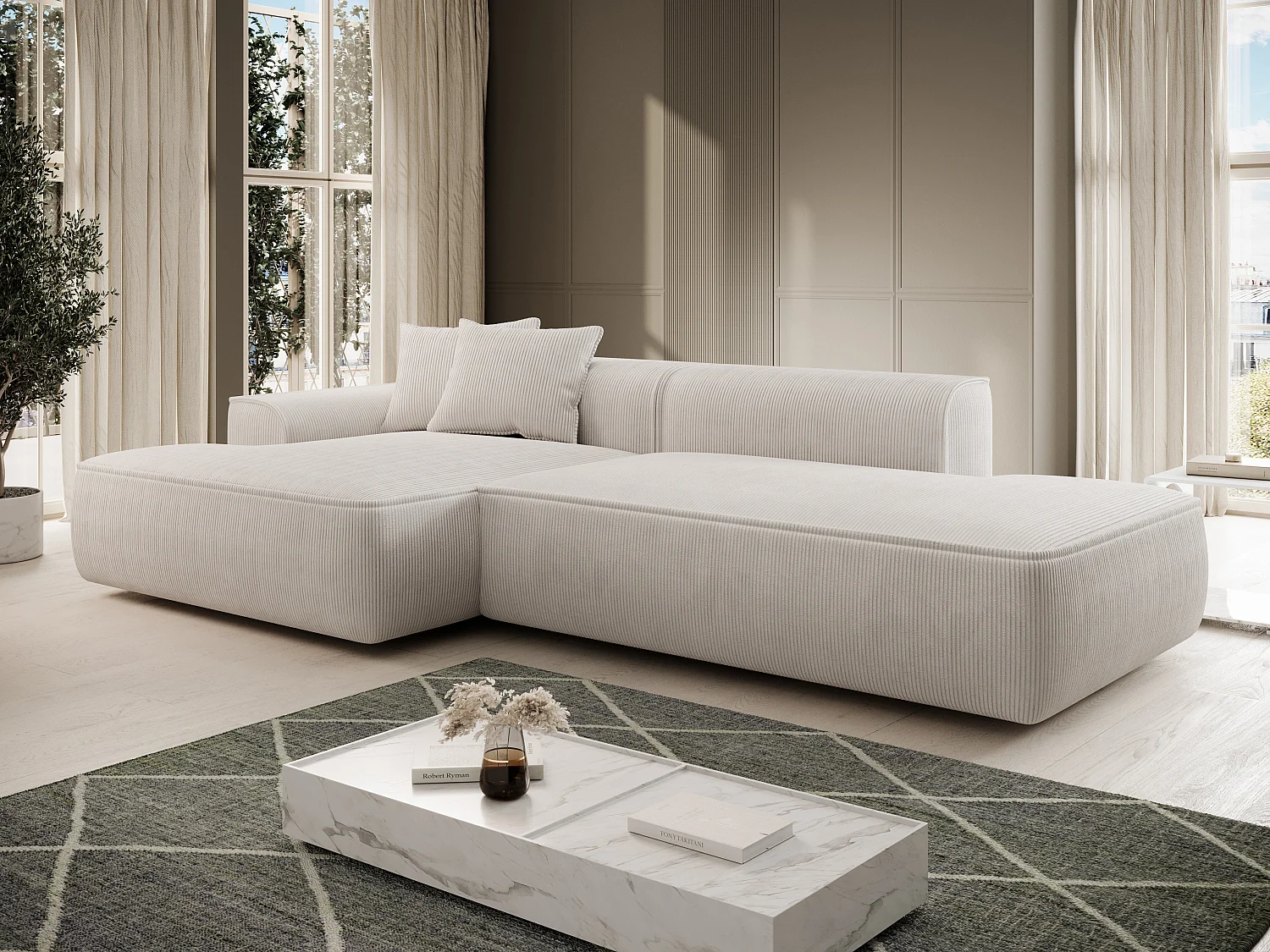 Zitbank met hoek links in beige ribfluweel ERYNEL