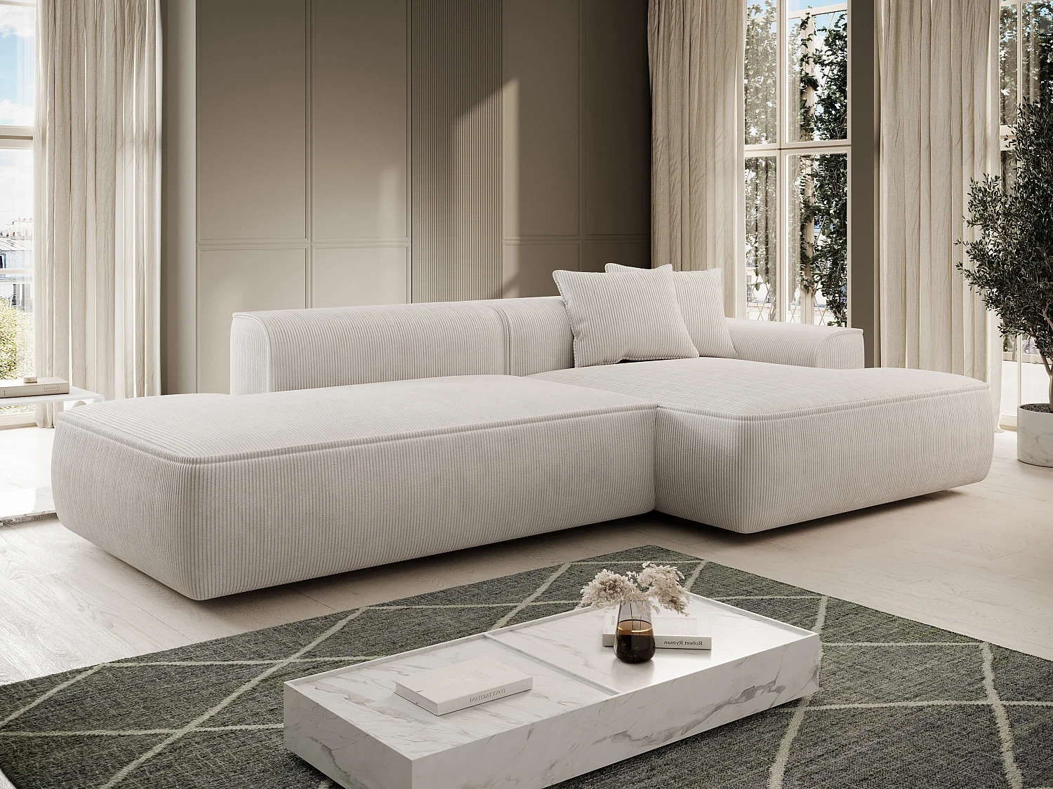 Zitbank met hoek rechts in beige ribfluweel ERYNEL