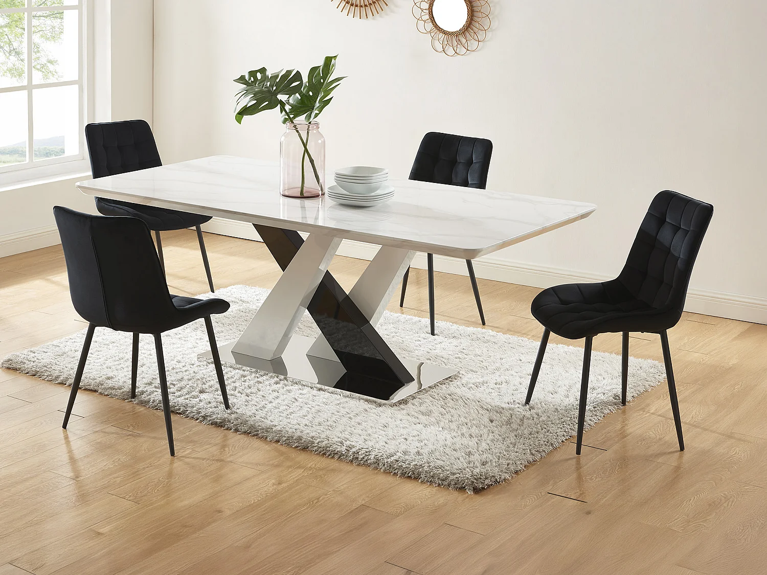 Set tafel EVAELA + 4 stoelen OLLUA - Wit en zwart