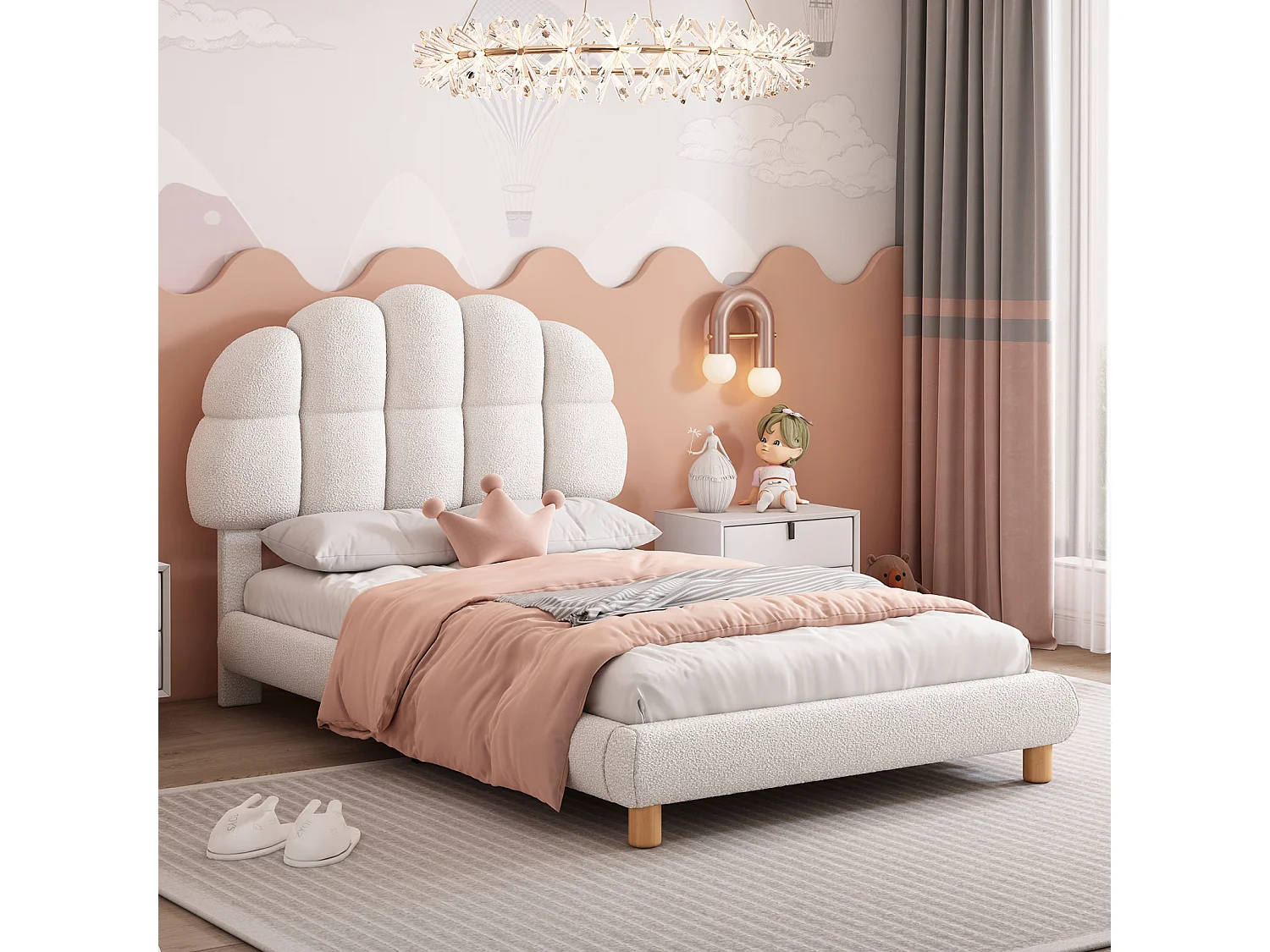 Eenpersoonsbed 90x200 cm, kinderbed, gestoffeerd bed, lattenbodem, wollen fluweel, wit