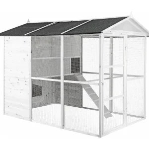Houten kippenhok met afrastering – 10 kippen – L266 x D174 x H205 cm – Wit – FERAS