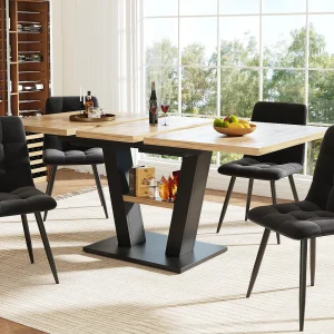 Eettafel met 4 stoelen – Blad van ​MDF, ​metalen frame en ​fluwelen kussens – ​Natuur & Zwart