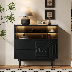 Dressoir, vitrinekast met 2 laden, 1 houten deur en 2 glazen schuifdeuren – 80 x 35 x 80 cm – MDF hout – Zwart