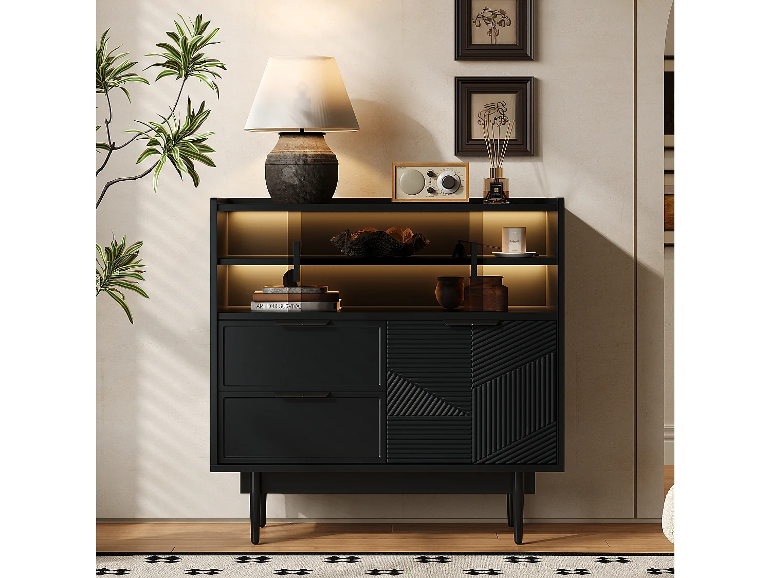 Dressoir, vitrinekast met 2 laden, 1 houten deur en 2 glazen schuifdeuren - 80 x 35 x 80 cm - MDF hout - Zwart