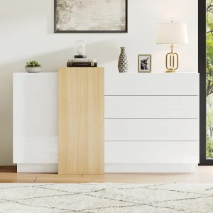 Dressoir met 3 laden en 4 deuren – 160 x 37 x 75 cm – MDF hout – Glanzend wit en houtkleur Dressoir met 3 laden en 4 deuren – 160 x 37 x 75 cm – MDF hout – Glanzend wit en houtkleur